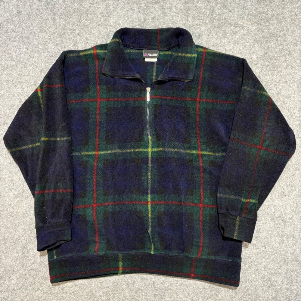 Vintage Polartec Mens Large Plaid 1/4 Zip Fleece Pullover Blue Green Made in USA